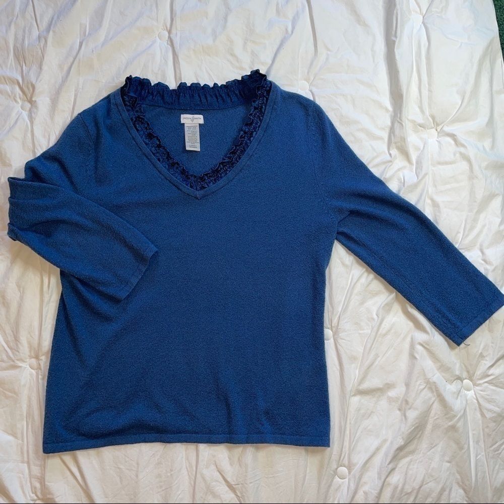 Jaclyn Smith blue sweater with v-neck ruffle, size large, 3/4 sleeves